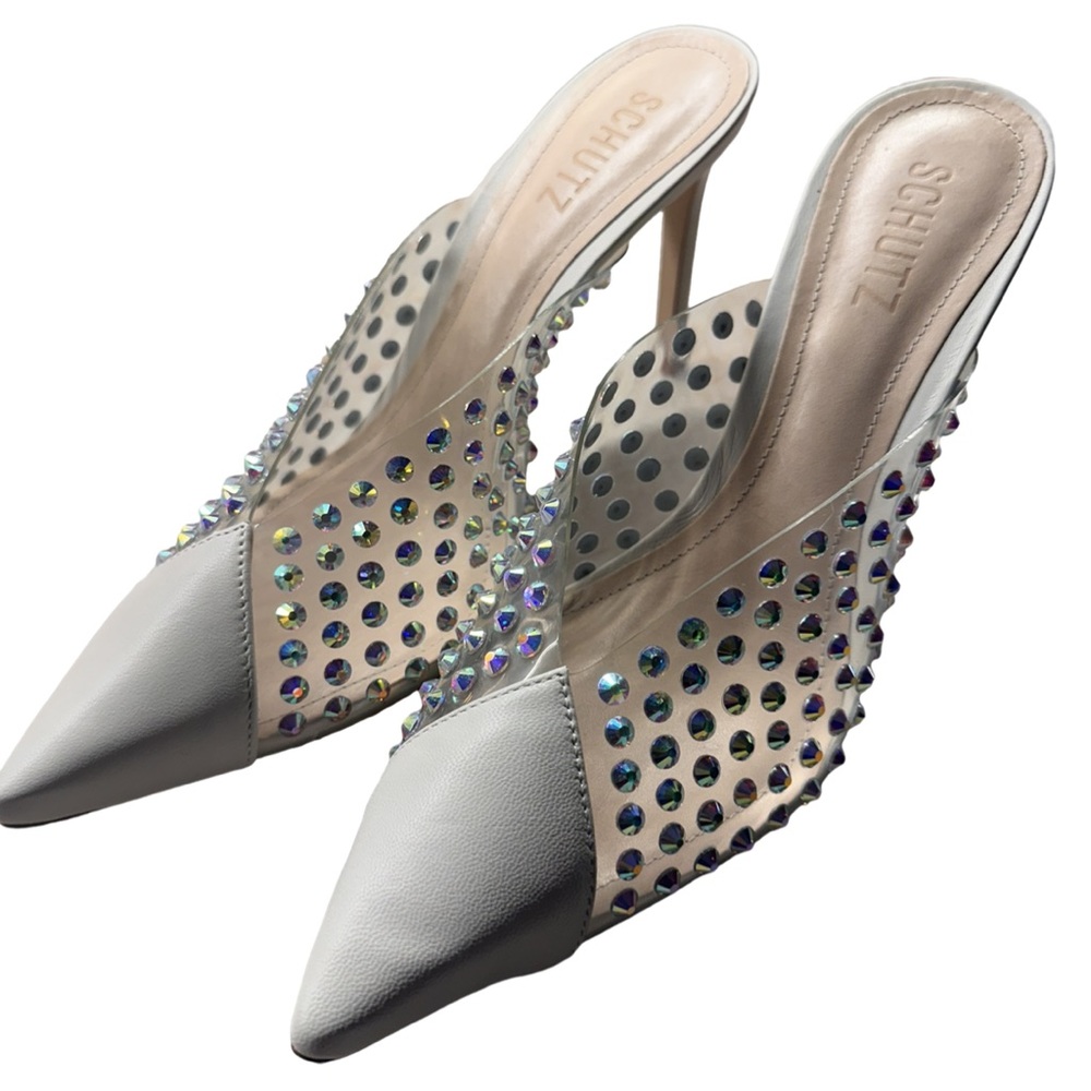 Shutz Ivory Leather and AB Crystal Slip On High Heel Mules 8 1/2 NWT